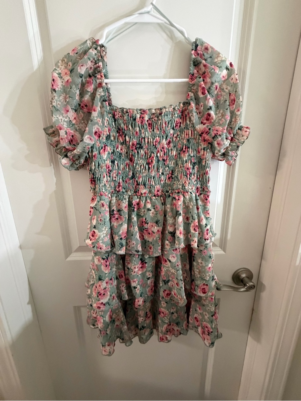 Sage Green Floral Smocked Tiered Dress
